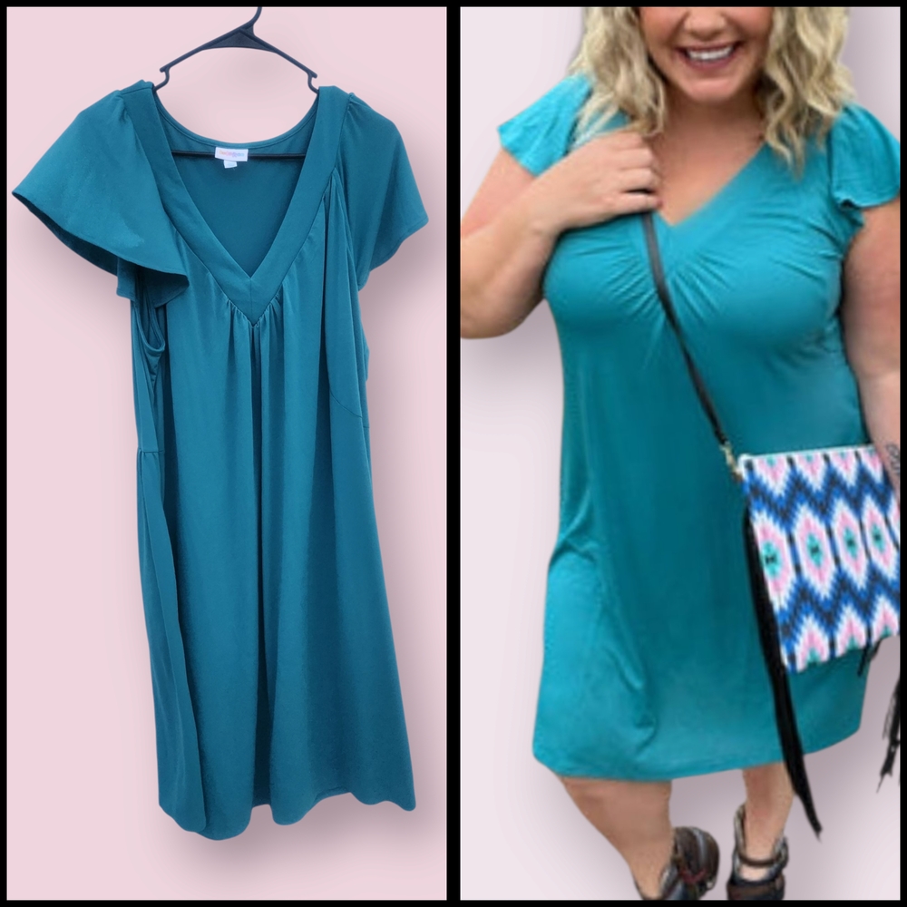 LulaRoe Chaylin Teal V-Neck Dress with Flutter Sleeves
